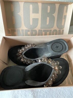 BCBG Black Sandals with Clear Jewel Embellishments